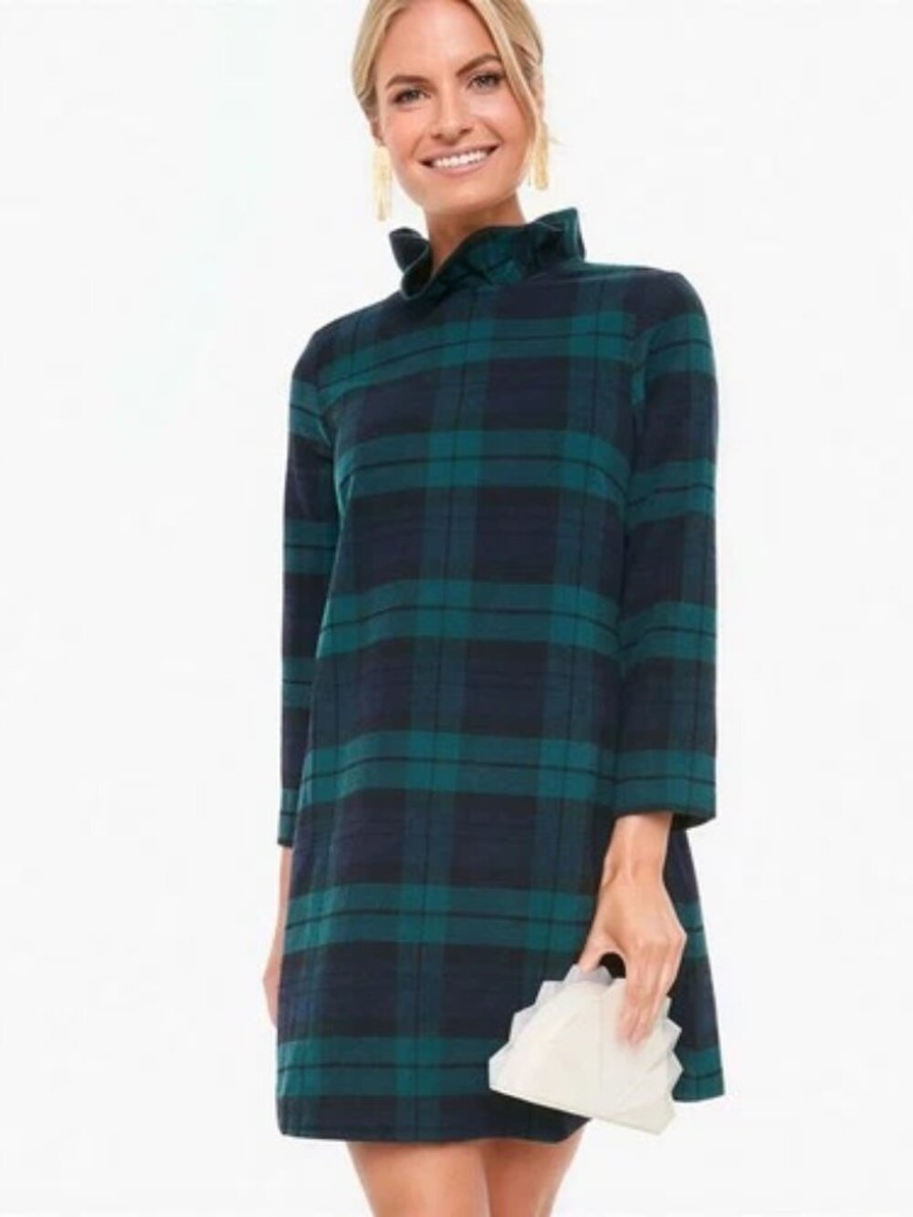 Tuckernuck Blackwatch Plaid Daphne sz S Ruffle Collar Bow Back Wool Blend Dress